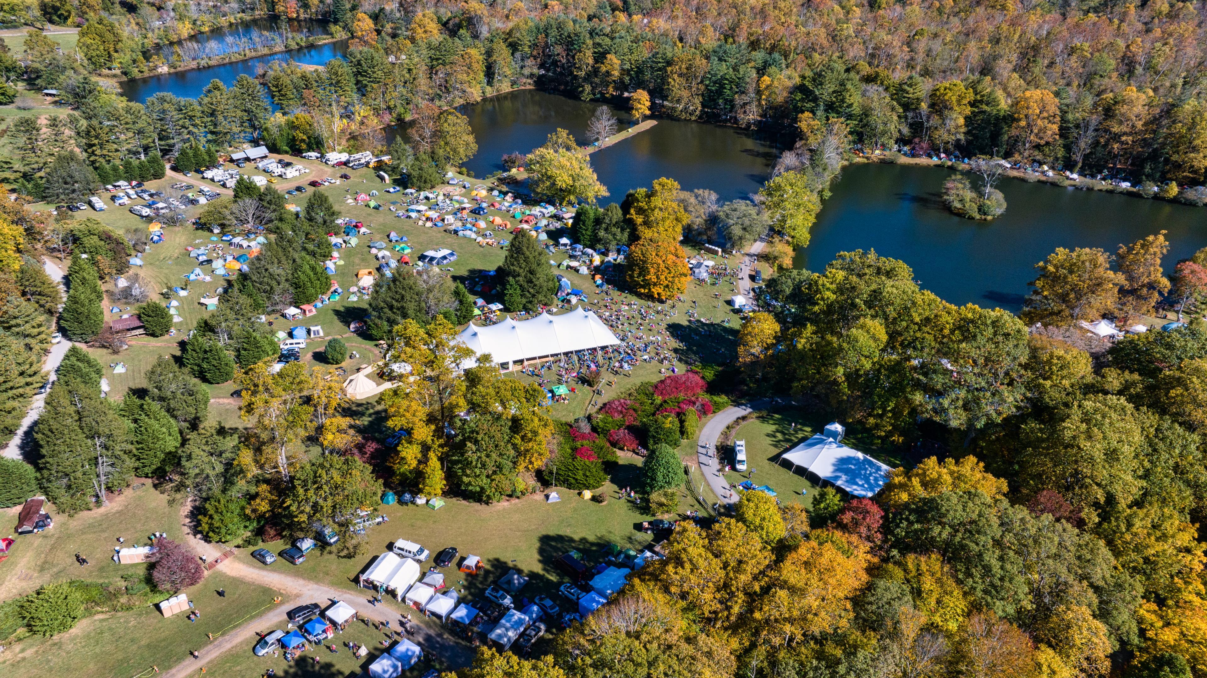 aerial view of global arts center with colorful trees