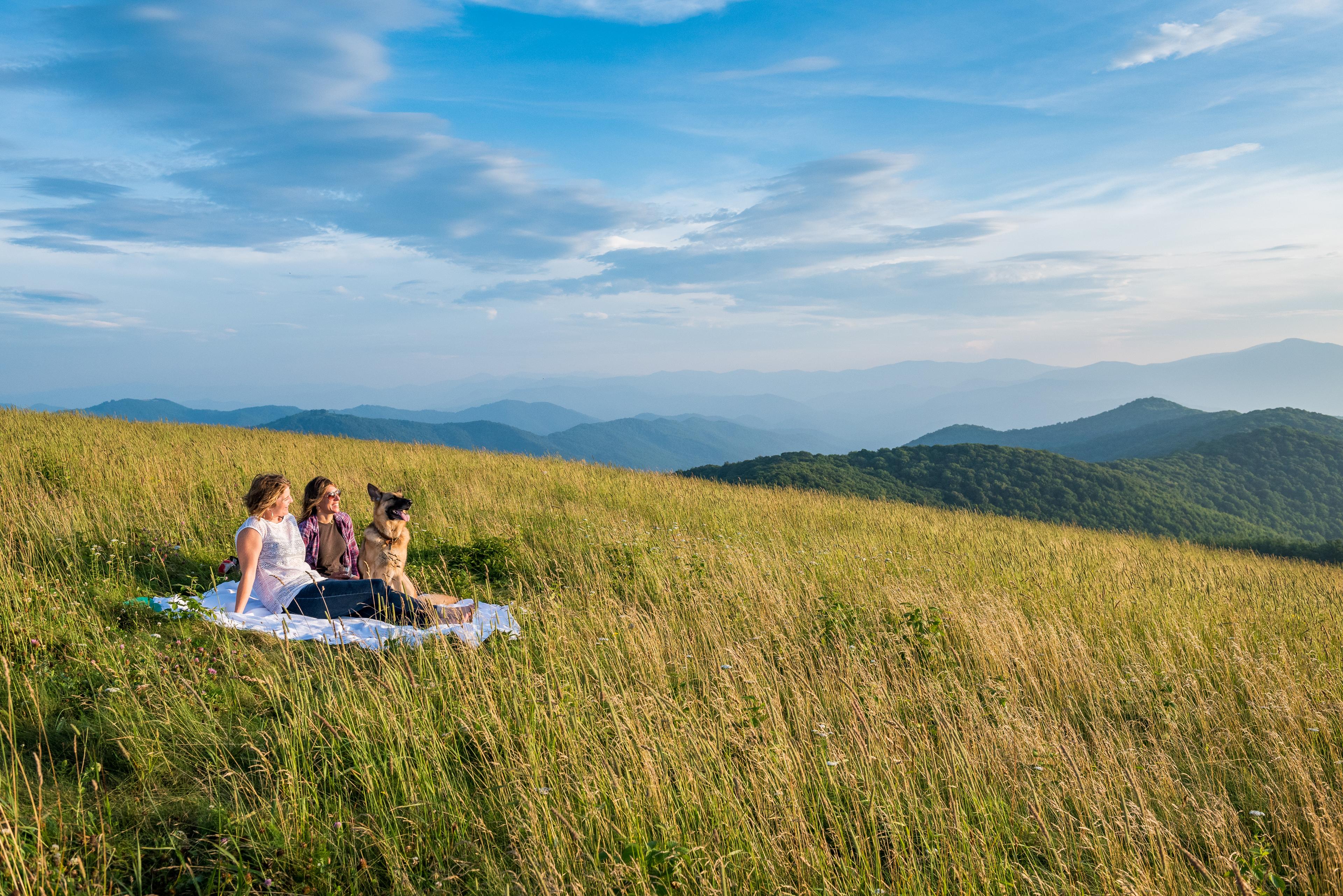 Two women and a dog picnic on Max Patch / Photo: Emily Chaplin