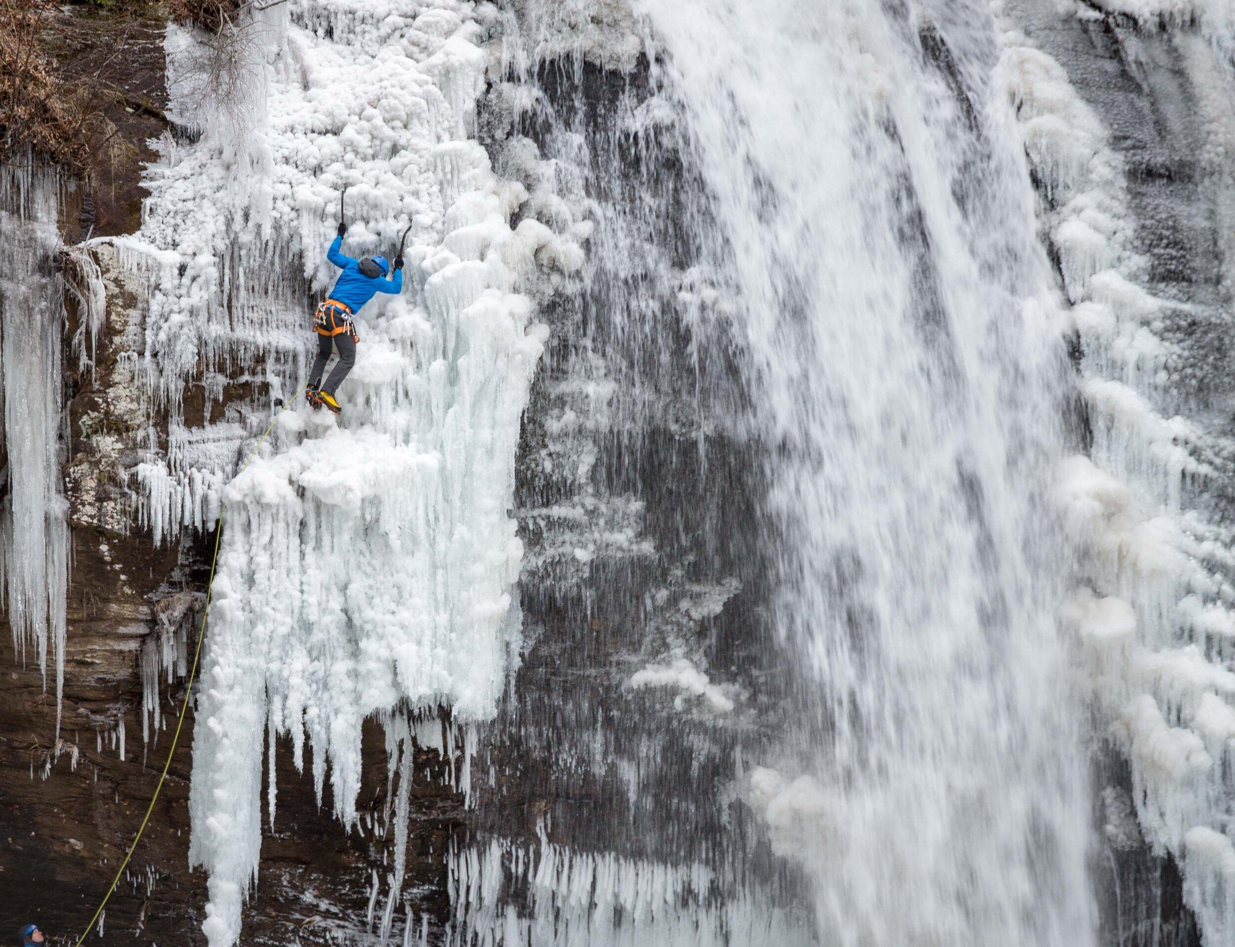 Ice climbing on Looking Glass Falls